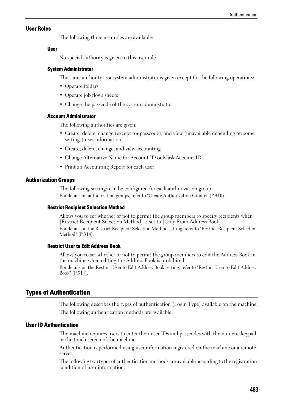 Types of authentication, Fer to "types of authentication" (p.483) | Dell C5765DN MFP Color Laser Printer User Manual | Page 483 / 675