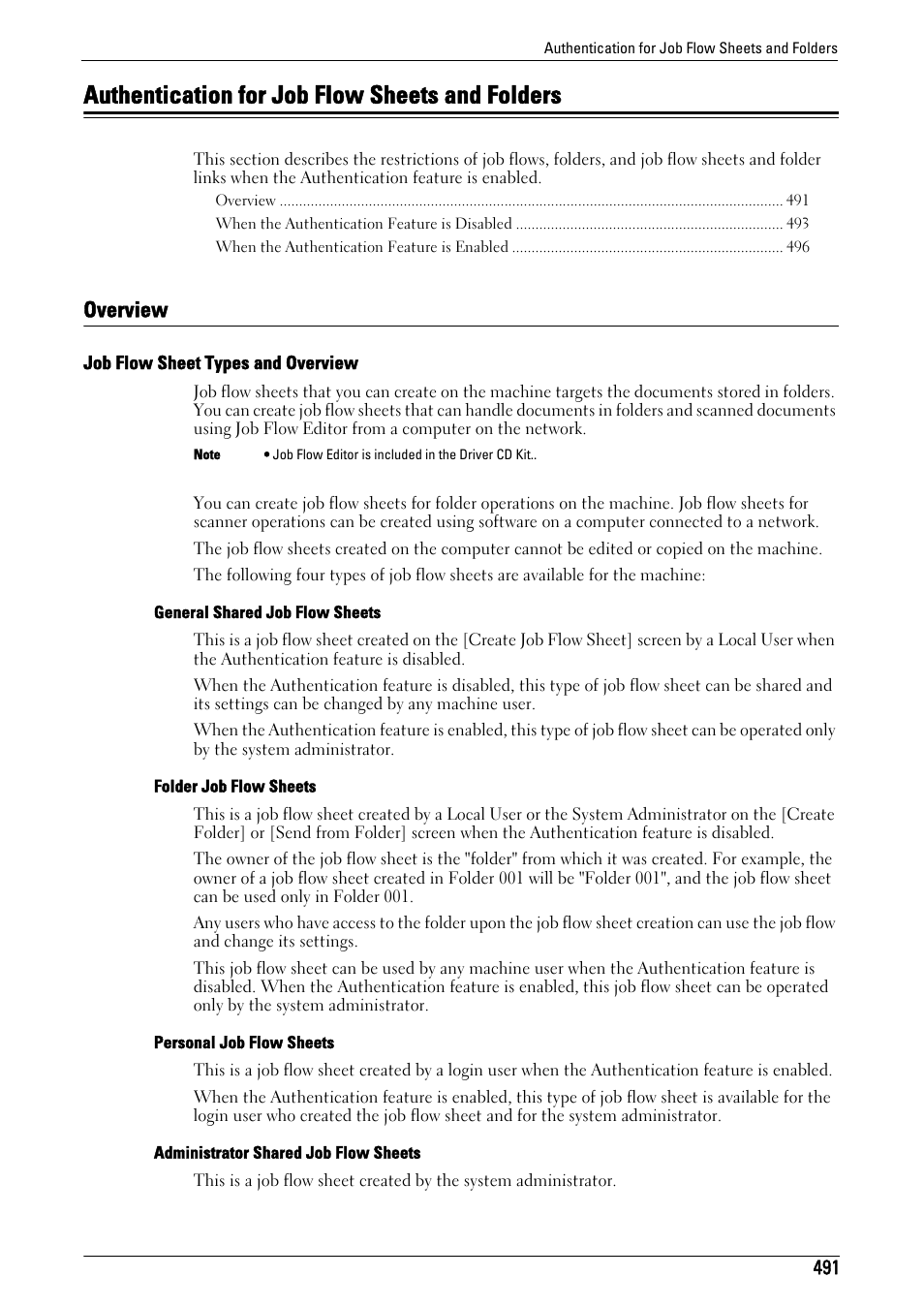 Authentication for job flow sheets and folders, Overview, To "job flow sheet | Types and overview" (p.491), P.491) | Dell C5765DN MFP Color Laser Printer User Manual | Page 491 / 675