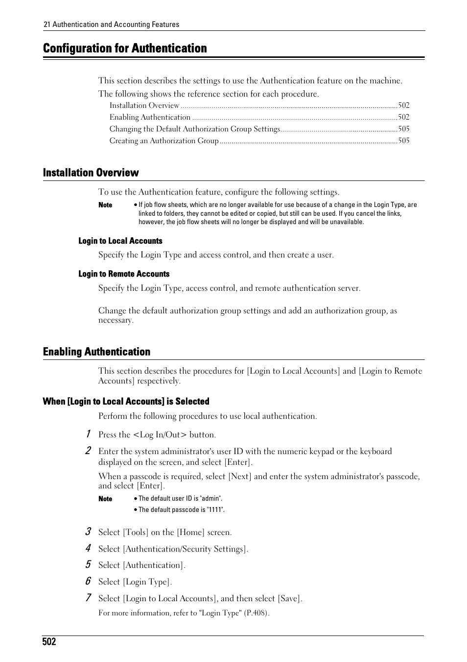 Configuration for authentication, Installation overview, Enabling authentication | Installation overview enabling authentication, Refer to "configuration for authentication, P.502) | Dell C5765DN MFP Color Laser Printer User Manual | Page 502 / 675