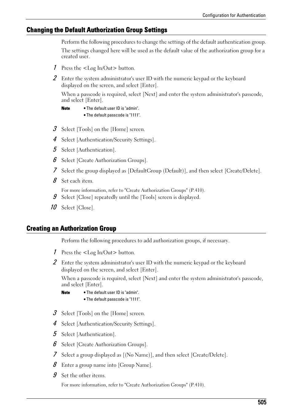 Changing the default authorization group settings, Creating an authorization group | Dell C5765DN MFP Color Laser Printer User Manual | Page 505 / 675