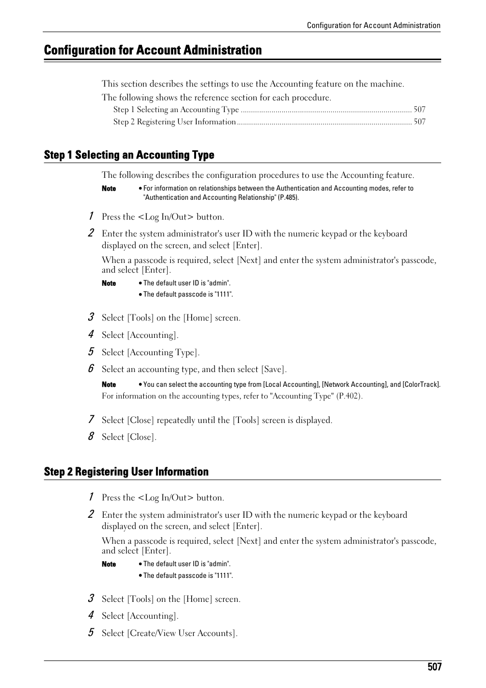 Configuration for account administration, Step 1 selecting an accounting type, Step 2 registering user information | Dell C5765DN MFP Color Laser Printer User Manual | Page 507 / 675