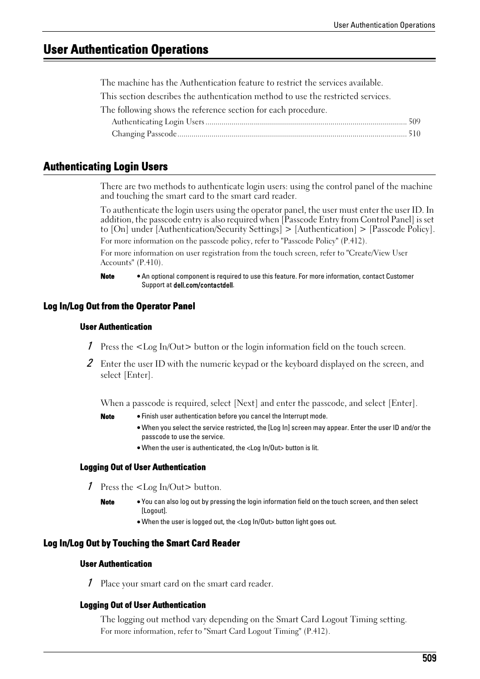 User authentication operations, Authenticating login users | Dell C5765DN MFP Color Laser Printer User Manual | Page 509 / 675