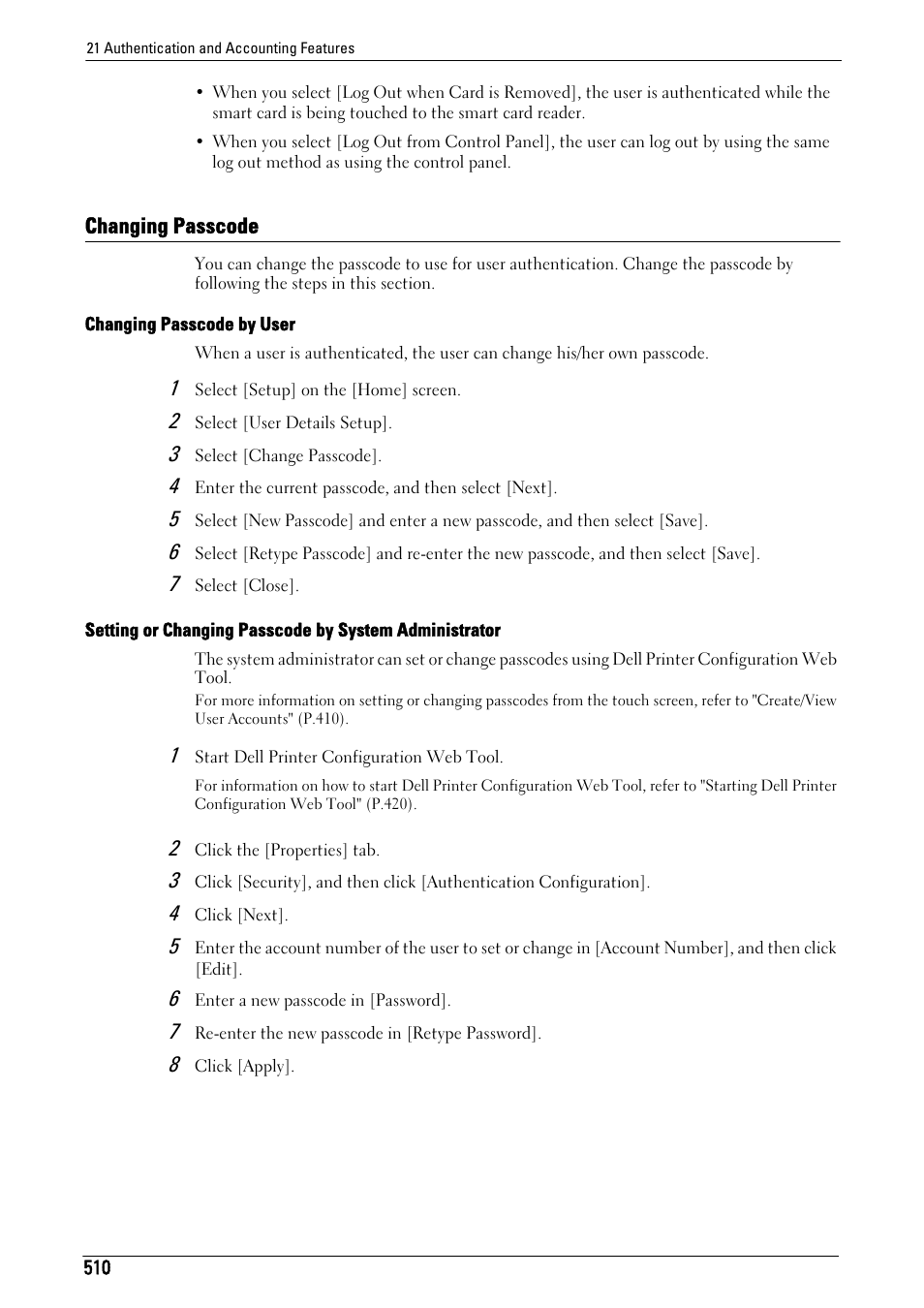 Changing passcode | Dell C5765DN MFP Color Laser Printer User Manual | Page 510 / 675