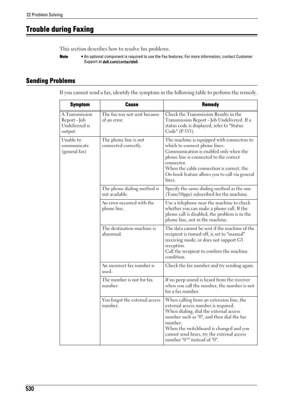 Trouble during faxing, Sending problems, Trouble during faxing" (p.530) | Dell C5765DN MFP Color Laser Printer User Manual | Page 530 / 675