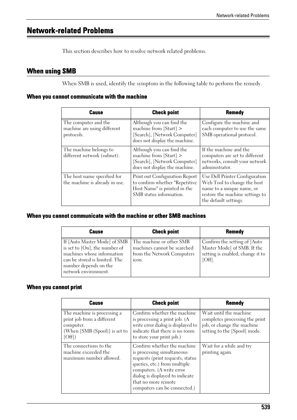 Network-related problems, When using smb, Network-related problems" (p.539) | Dell C5765DN MFP Color Laser Printer User Manual | Page 539 / 675