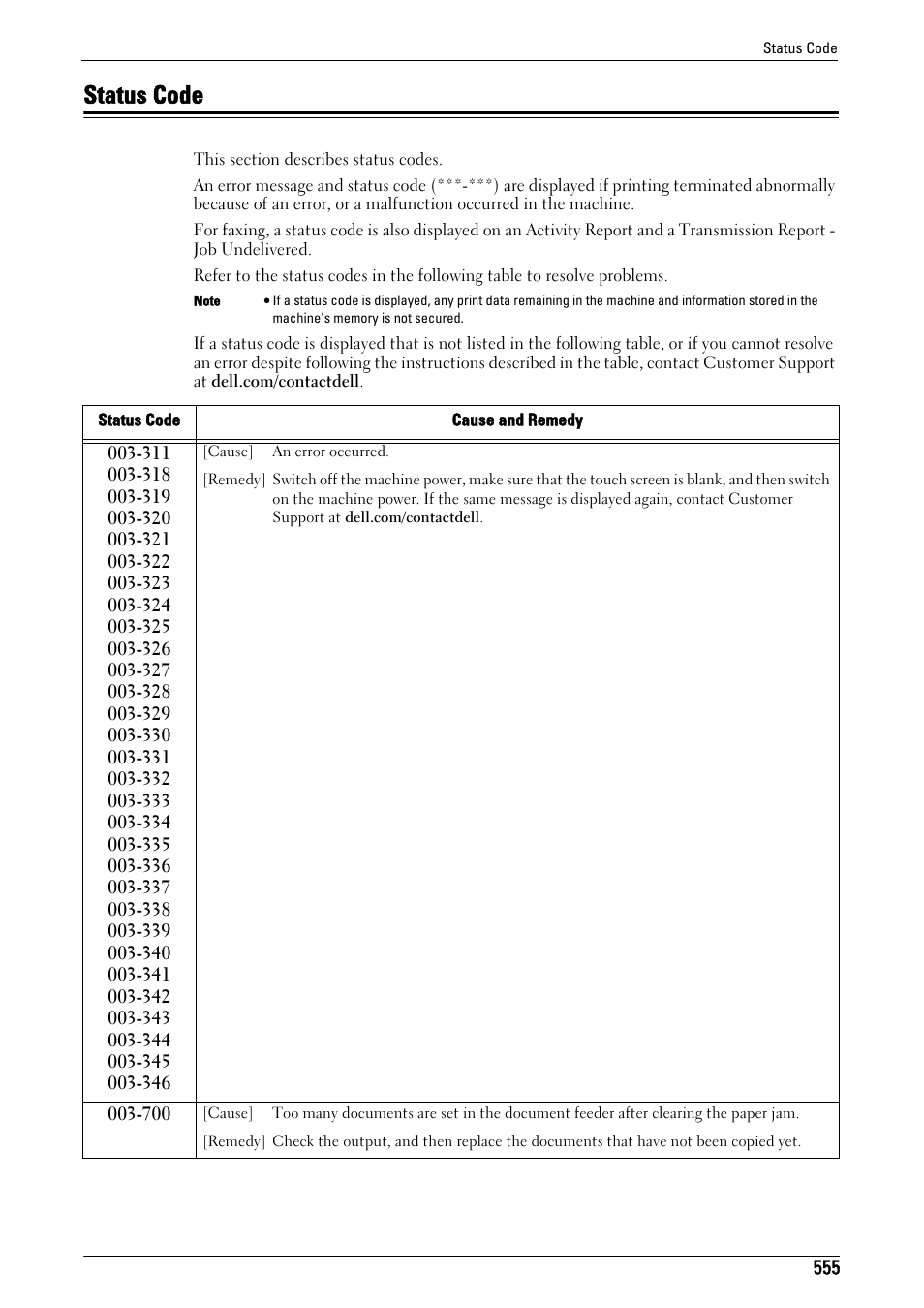 Status code, Status code" (p.555), Refer to "status code" (p.555) | To "status, Code" (p.555) | Dell C5765DN MFP Color Laser Printer User Manual | Page 555 / 675