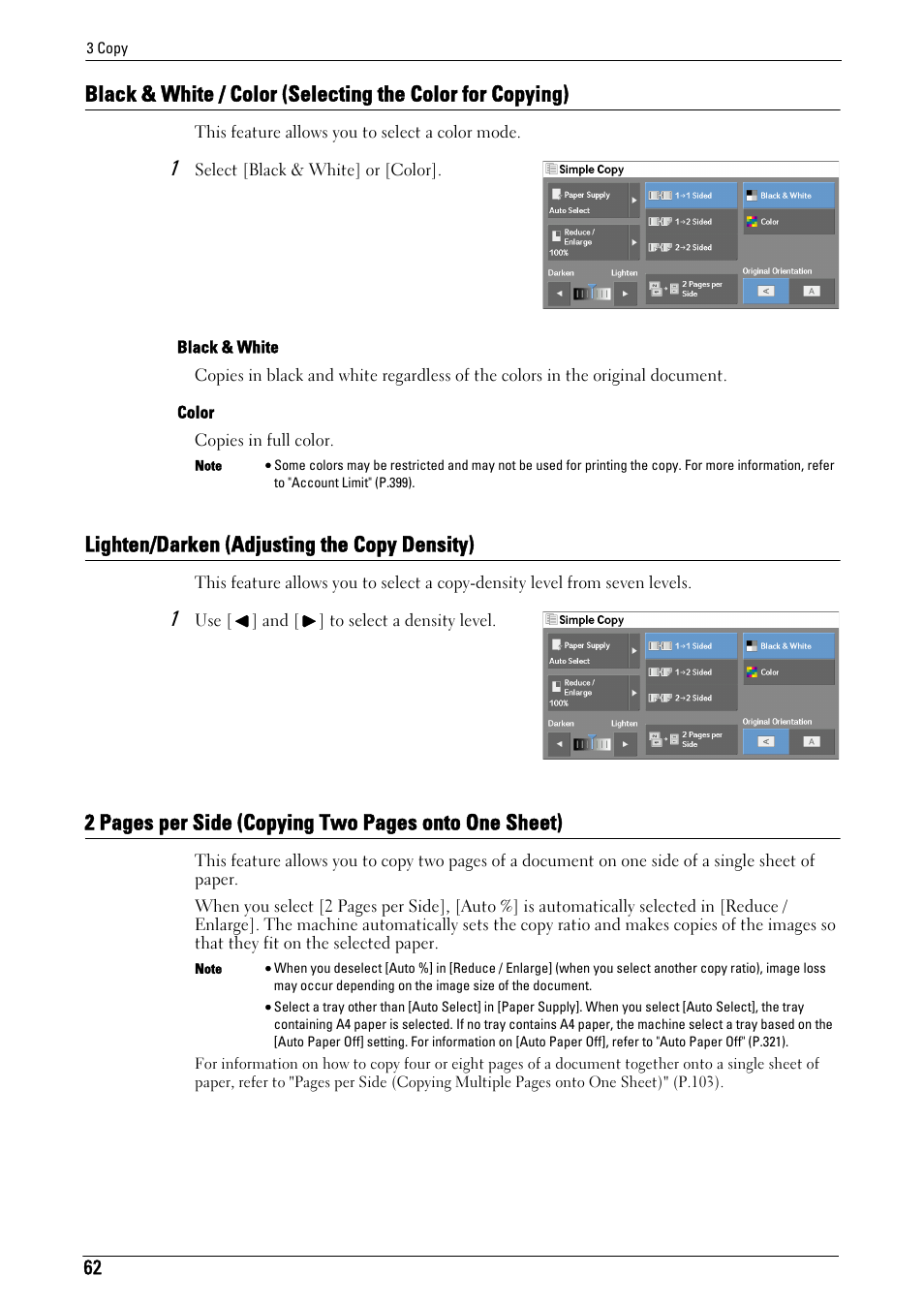 Lighten/darken (adjusting the copy density), Black & white | Dell C5765DN MFP Color Laser Printer User Manual | Page 62 / 675