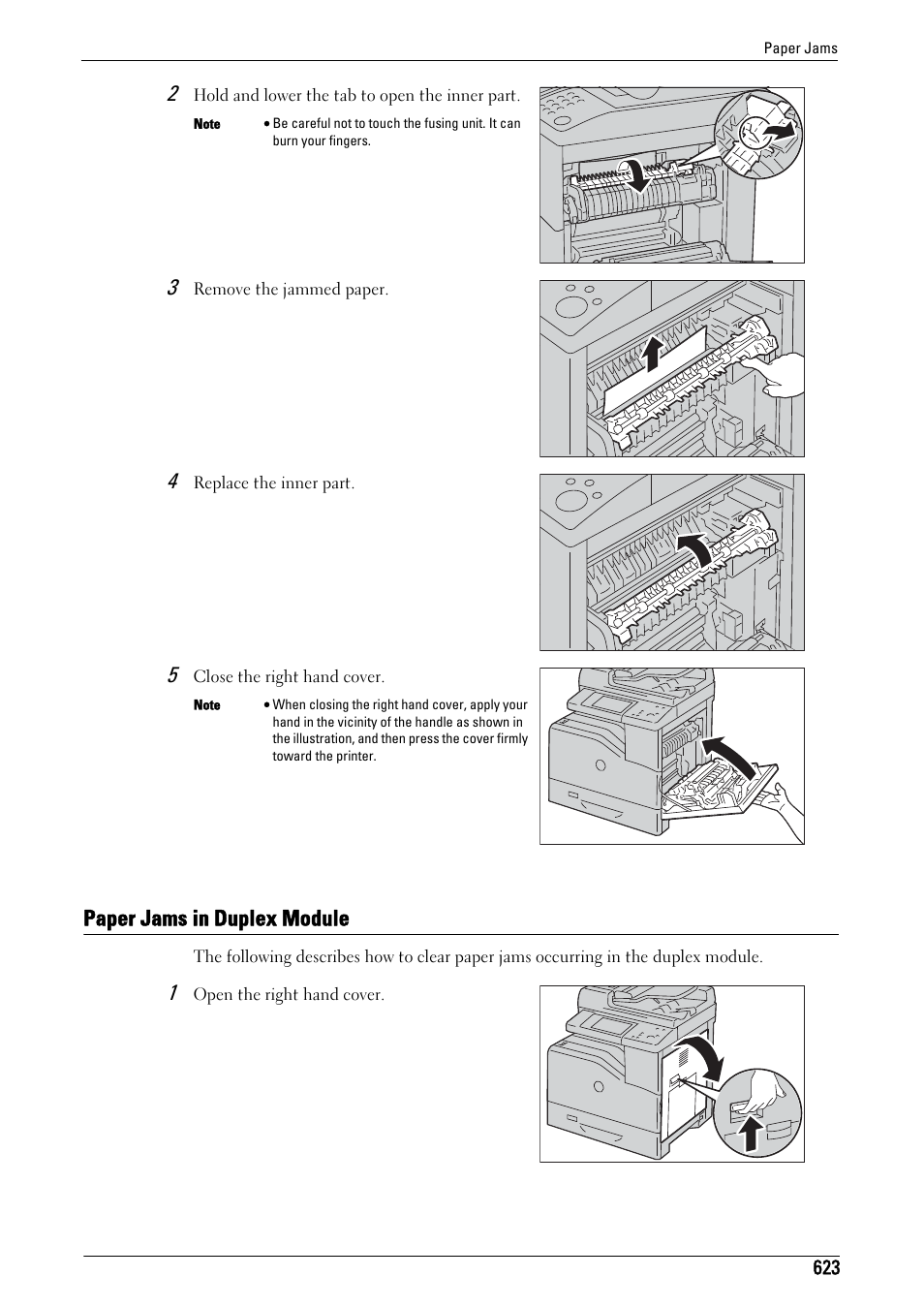 Paper jams in duplex module | Dell C5765DN MFP Color Laser Printer User Manual | Page 623 / 675