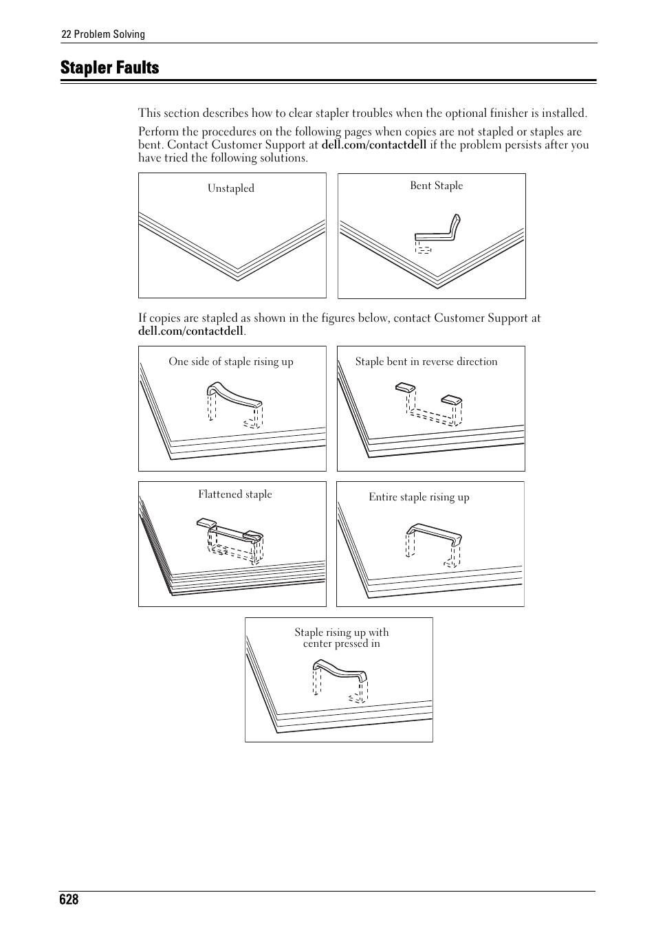 Stapler faults, Stapler faults" (p.628) | Dell C5765DN MFP Color Laser Printer User Manual | Page 628 / 675