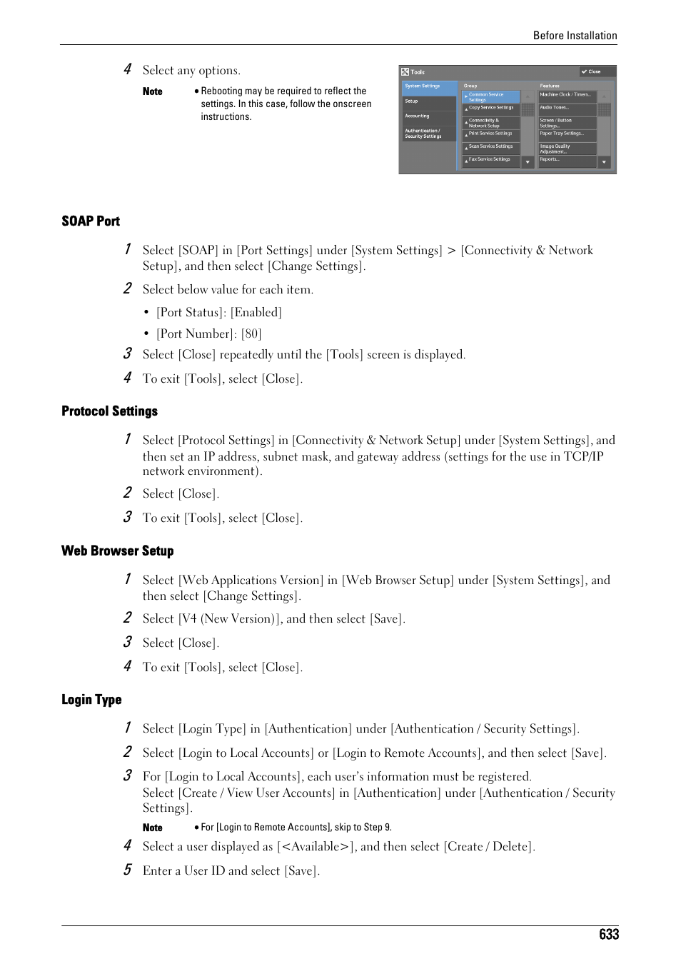 Soap port" (p.633), Protocol settings, P.633) | Web browser setup, Login type" (p.633) | Dell C5765DN MFP Color Laser Printer User Manual | Page 633 / 675