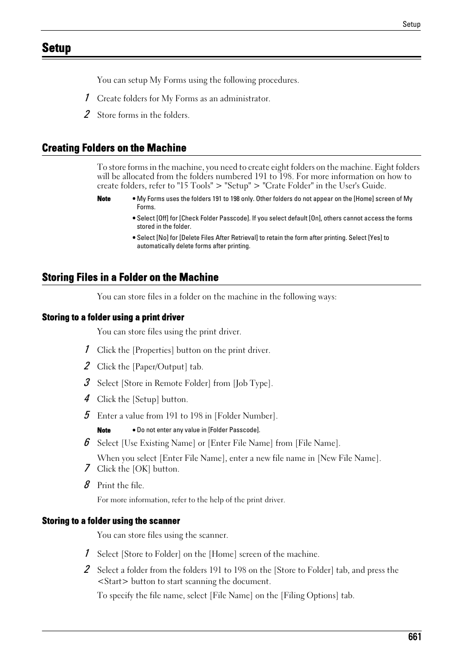 Setup, Creating folders on the machine, Storing files in a folder on the machine | Dell C5765DN MFP Color Laser Printer User Manual | Page 661 / 675