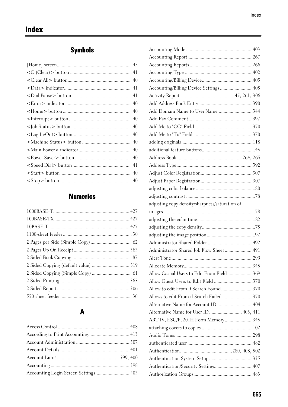 Index, Symbols, Numerics | Dell C5765DN MFP Color Laser Printer User Manual | Page 665 / 675