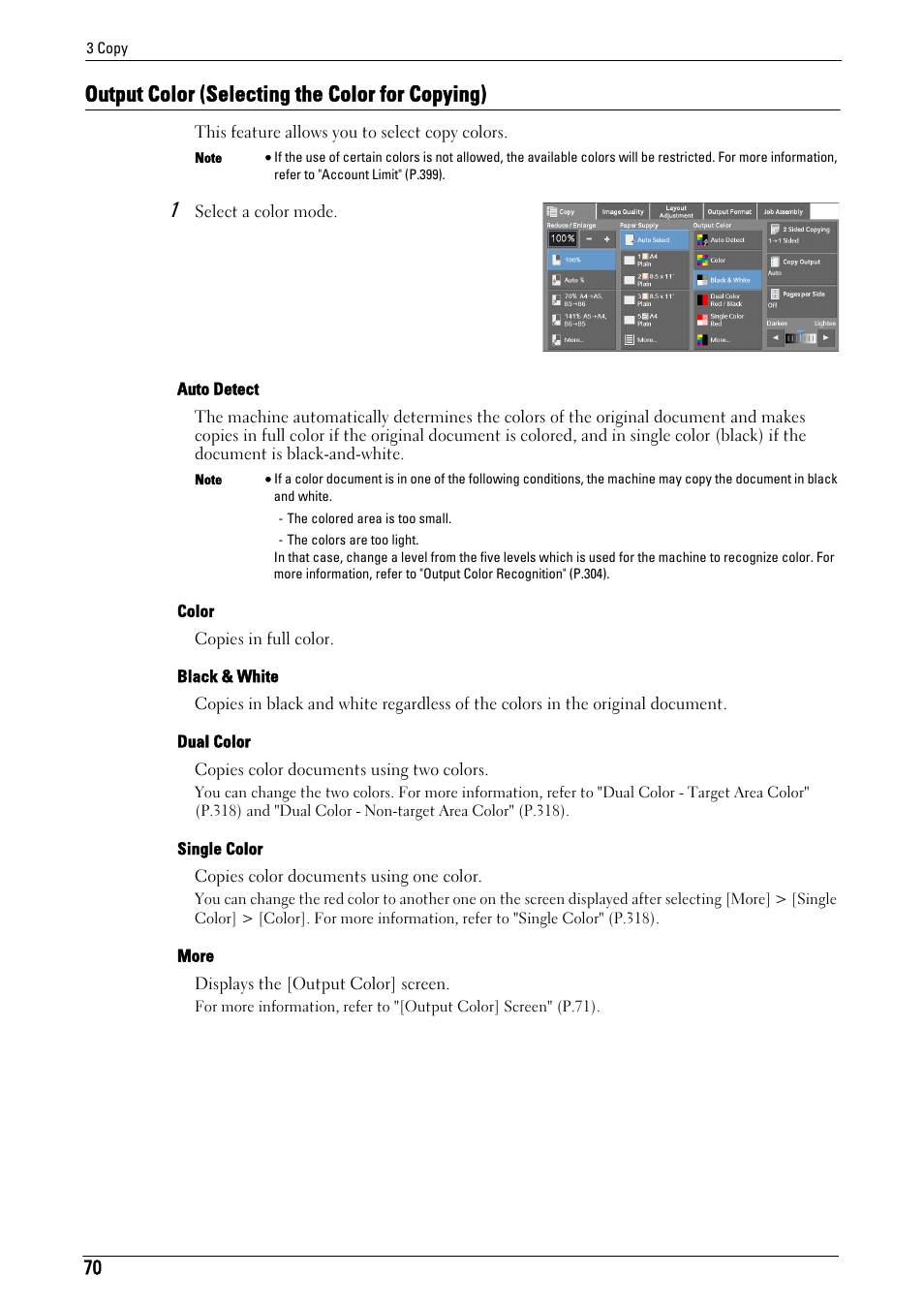 Output color (selecting the color for copying), Output color (selecting the | Dell C5765DN MFP Color Laser Printer User Manual | Page 70 / 675