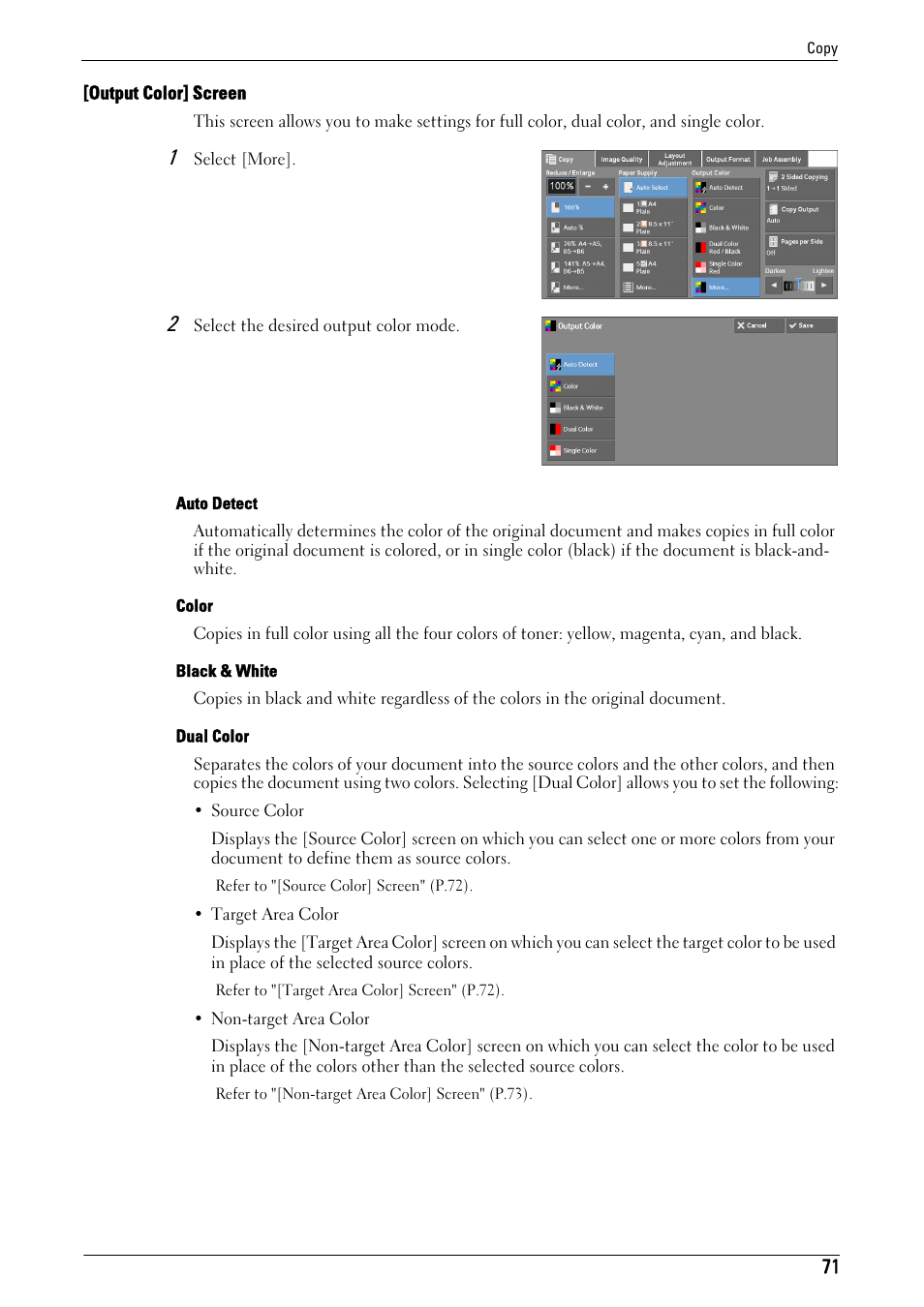 To "[output color] screen" (p.71) | Dell C5765DN MFP Color Laser Printer User Manual | Page 71 / 675