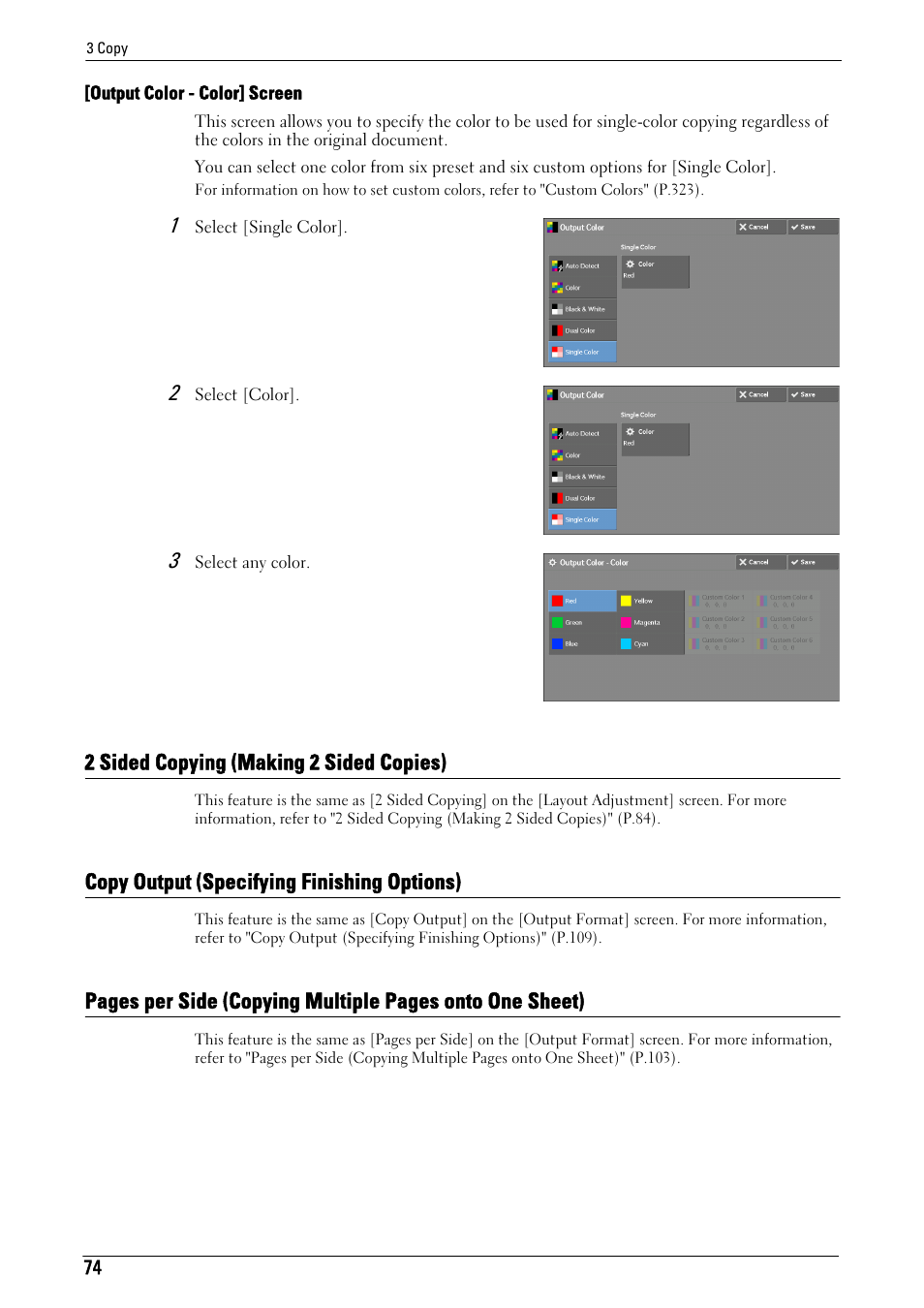 2 sided copying (making 2 sided copies), Copy output (specifying finishing options), Copy output (spe | Dell C5765DN MFP Color Laser Printer User Manual | Page 74 / 675