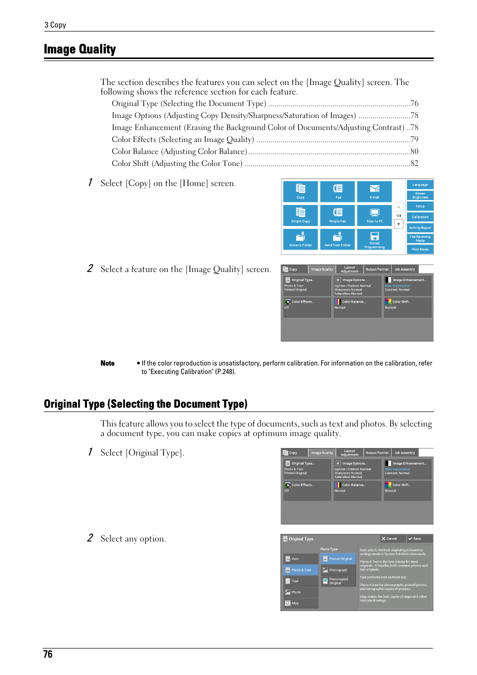 Image quality, Original type (selecting the document type), Original type (sele | Image quality" (p.76) | Dell C5765DN MFP Color Laser Printer User Manual | Page 76 / 675
