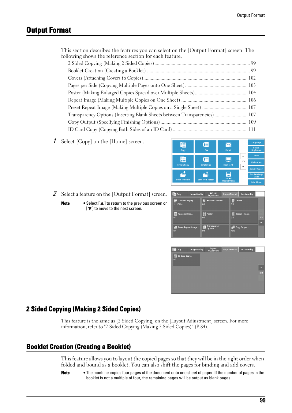 Output format, 2 sided copying (making 2 sided copies), Booklet creation (creating a booklet) | Booklet creation, Output format" (p.99) | Dell C5765DN MFP Color Laser Printer User Manual | Page 99 / 675