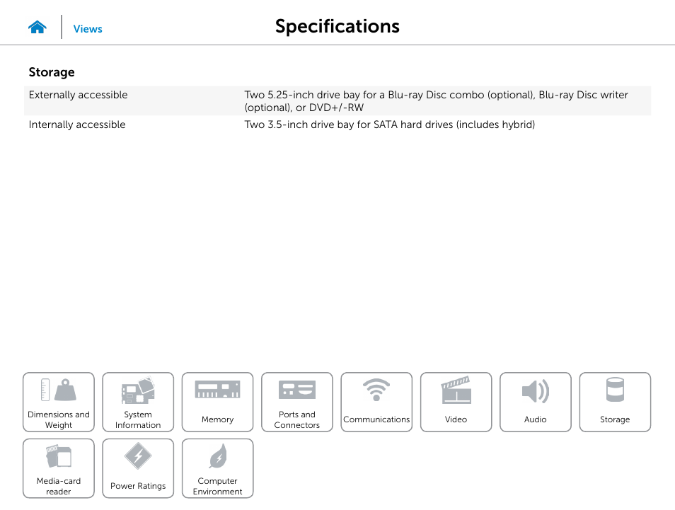 Storage, Specifications | Dell Inspiron Desktop (3847, Early 2013) User Manual | Page 12 / 15