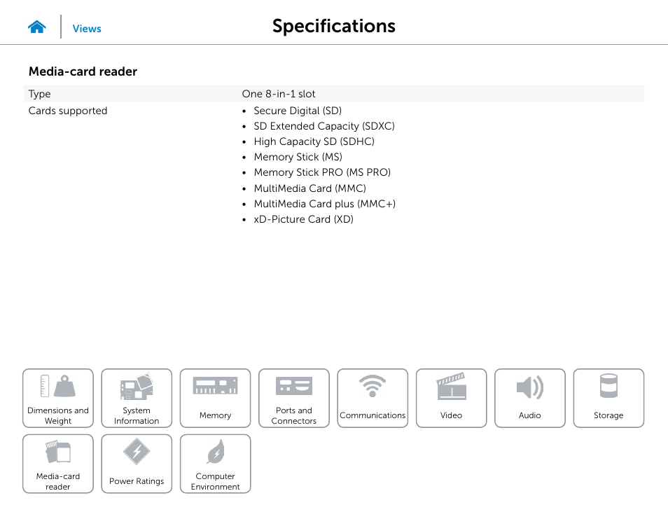 Media‑card, Reader, Specifications | Media-card reader | Dell Inspiron Desktop (3847, Early 2013) User Manual | Page 13 / 15