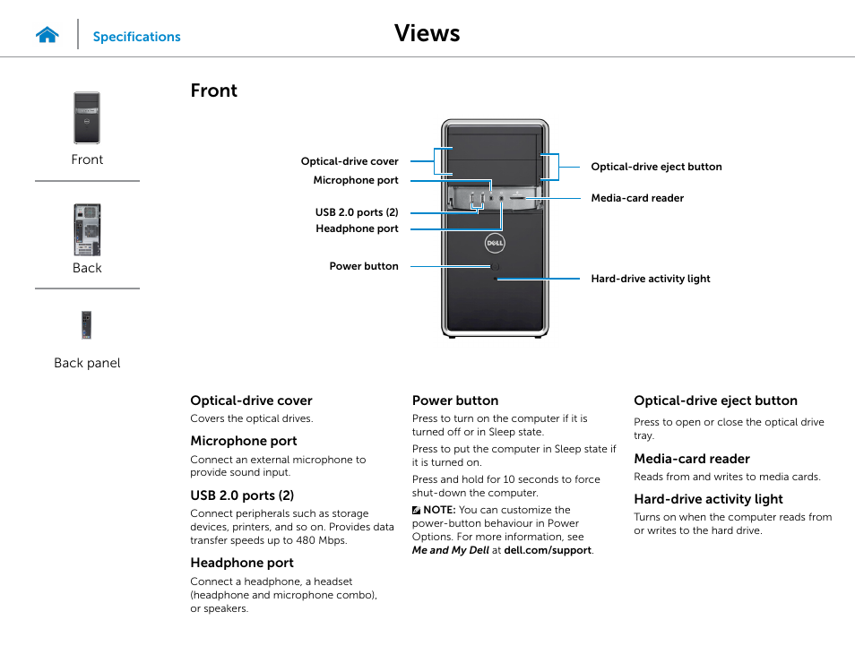 Views, Front | Dell Inspiron Desktop (3847, Early 2013) User Manual | Page 2 / 15