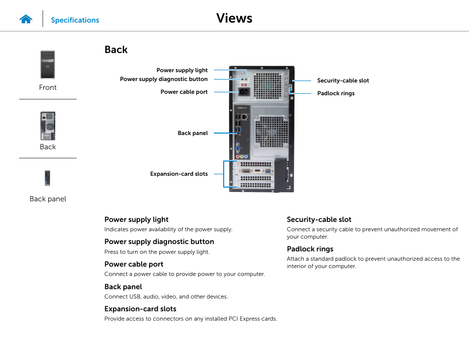 Back, Views | Dell Inspiron Desktop (3847, Early 2013) User Manual | Page 3 / 15