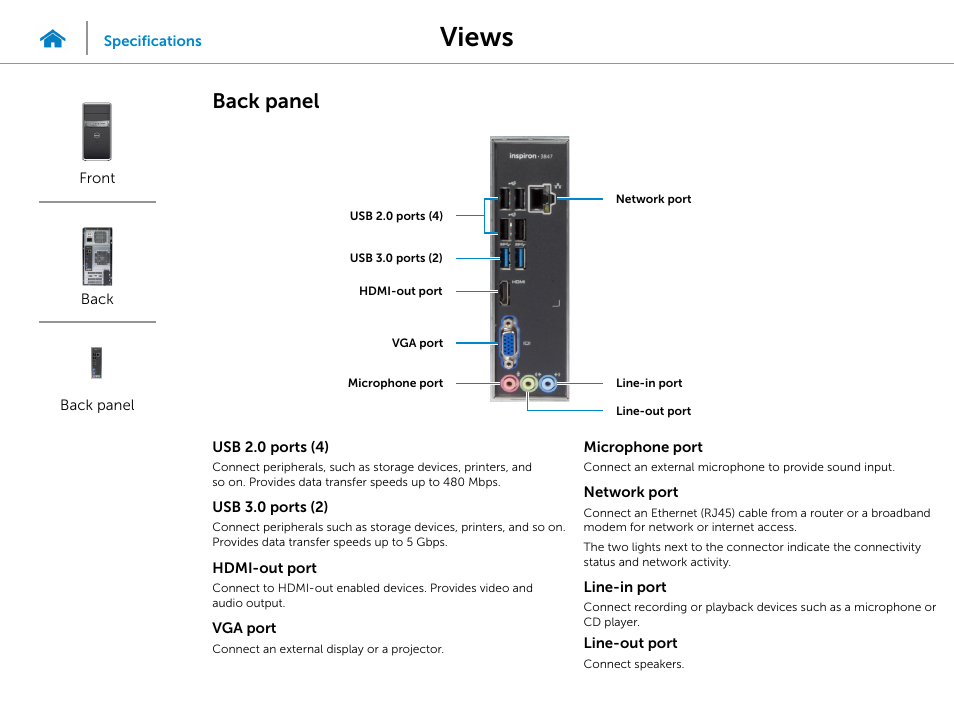 Back panel, Views | Dell Inspiron Desktop (3847, Early 2013) User Manual | Page 4 / 15