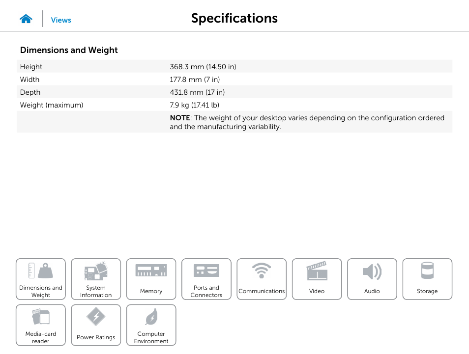 Specifications, Dimensions and weight | Dell Inspiron Desktop (3847, Early 2013) User Manual | Page 5 / 15