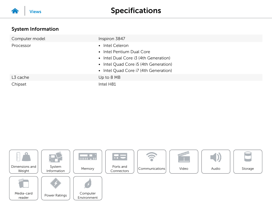 System, Information, Specifications | System information | Dell Inspiron Desktop (3847, Early 2013) User Manual | Page 6 / 15