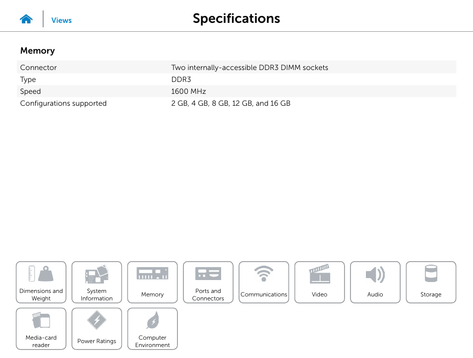 Memory, Specifications | Dell Inspiron Desktop (3847, Early 2013) User Manual | Page 7 / 15