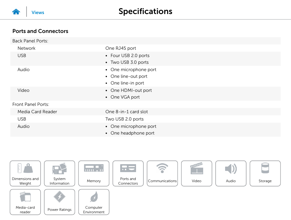 Ports and, Connectors, Specifications | Ports and connectors | Dell Inspiron Desktop (3847, Early 2013) User Manual | Page 8 / 15
