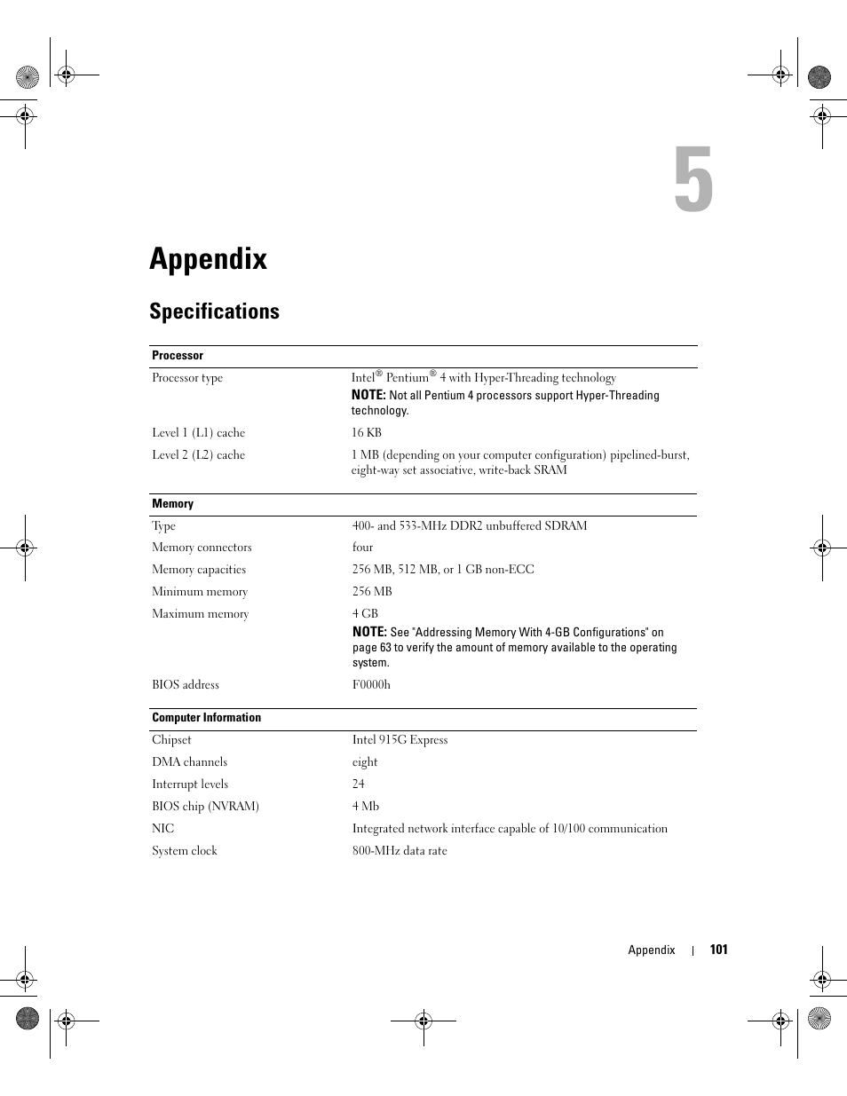 Appendix, Specifications | Dell Dimension 5000 User Manual | Page 101 / 140