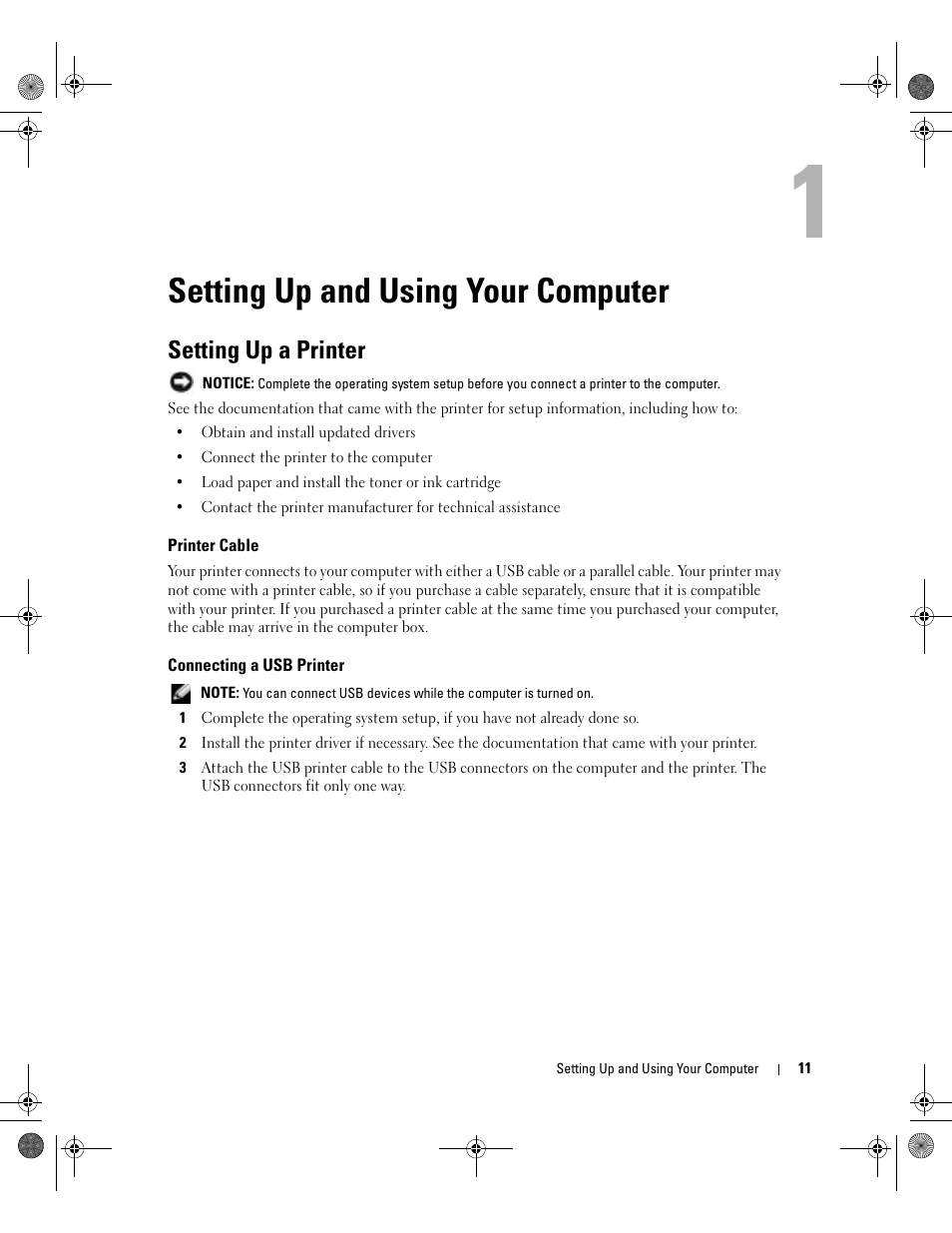 Setting up and using your computer, Setting up a printer, Printer cable | Connecting a usb printer | Dell Dimension 5000 User Manual | Page 11 / 140