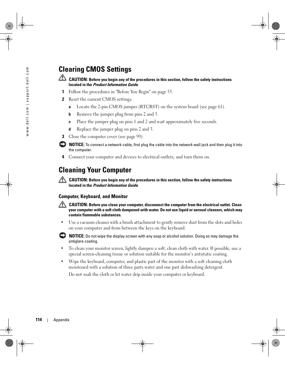 Clearing cmos settings, Cleaning your computer, Computer, keyboard, and monitor | Dell Dimension 5000 User Manual | Page 114 / 140