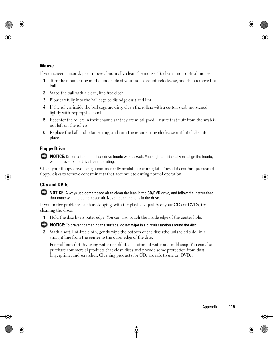 Mouse, Floppy drive, Cds and dvds | Dell Dimension 5000 User Manual | Page 115 / 140