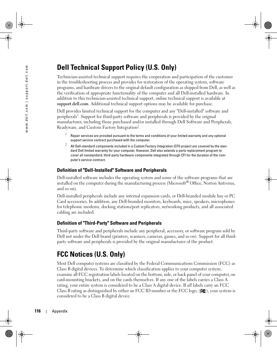 Dell technical support policy (u.s. only), Fcc notices (u.s. only) | Dell Dimension 5000 User Manual | Page 116 / 140