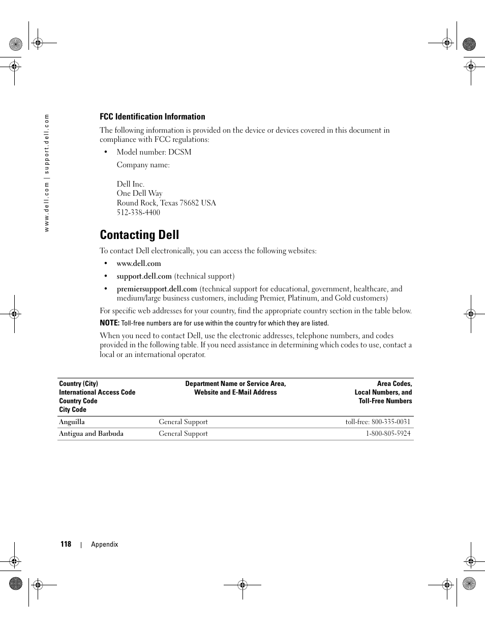 Fcc identification information, Contacting dell | Dell Dimension 5000 User Manual | Page 118 / 140