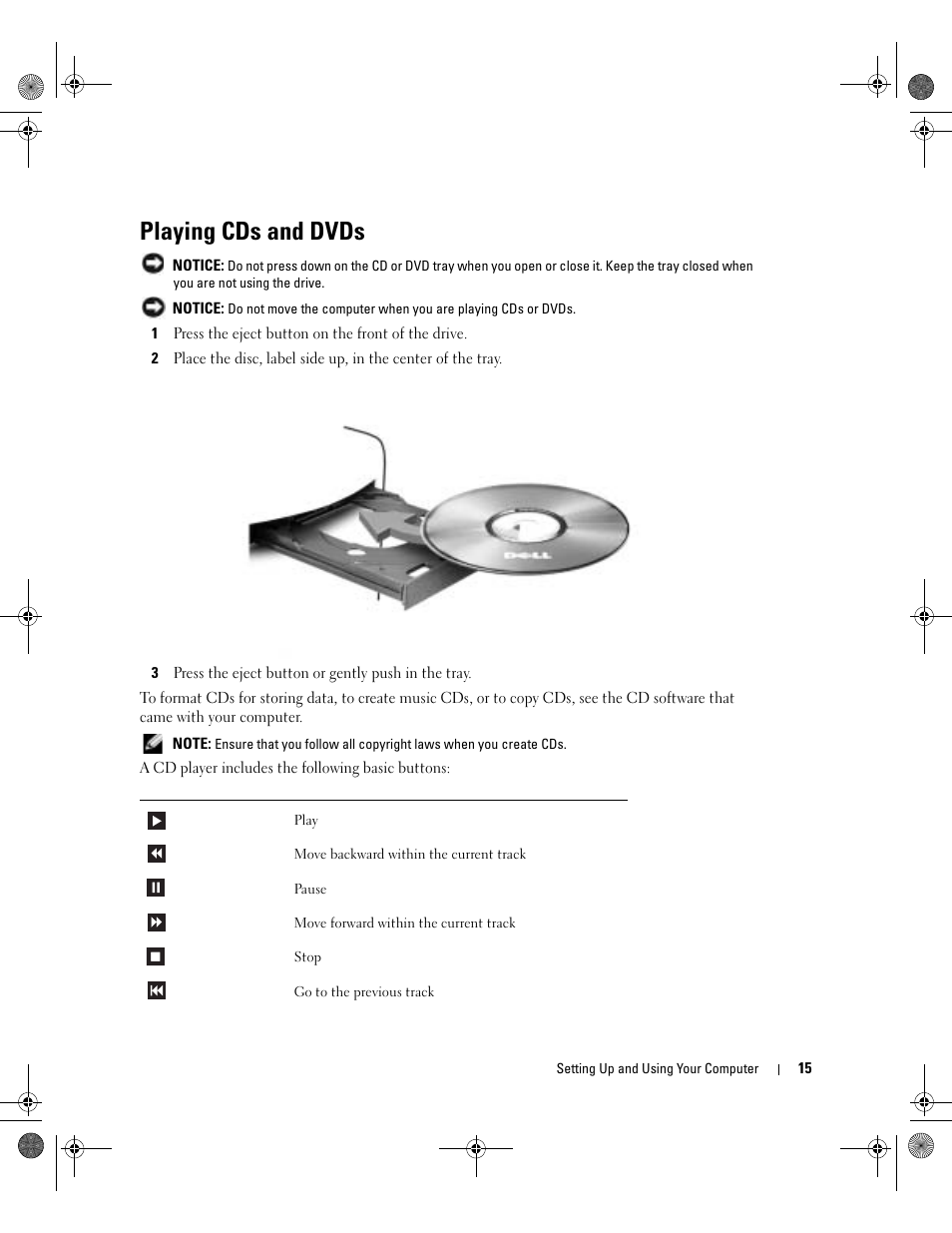 Playing cds and dvds | Dell Dimension 5000 User Manual | Page 15 / 140