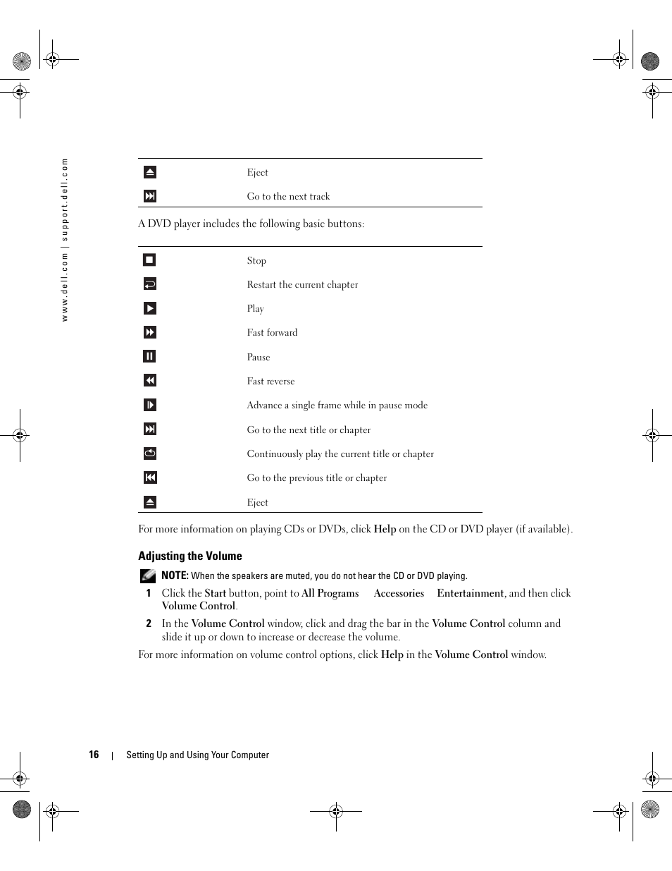 Adjusting the volume | Dell Dimension 5000 User Manual | Page 16 / 140