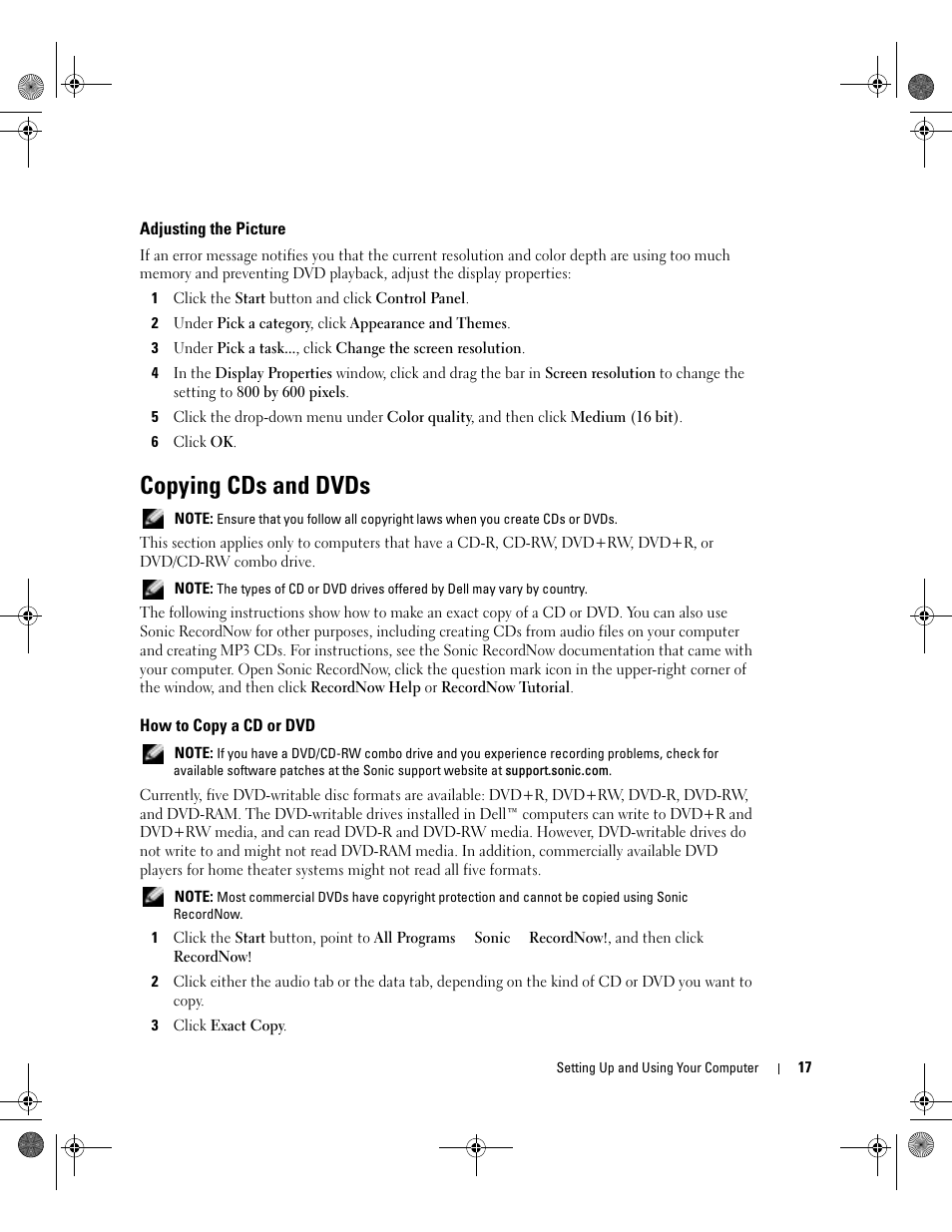 Adjusting the picture, Copying cds and dvds, How to copy a cd or dvd | Dell Dimension 5000 User Manual | Page 17 / 140