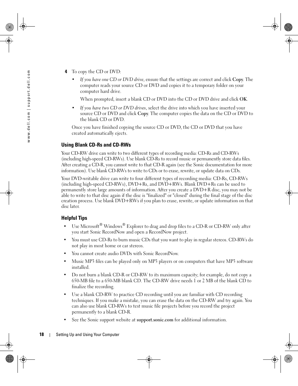 Using blank cd-rs and cd-rws, Helpful tips | Dell Dimension 5000 User Manual | Page 18 / 140