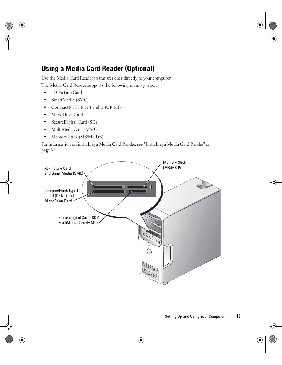 Using a media card reader (optional) | Dell Dimension 5000 User Manual | Page 19 / 140