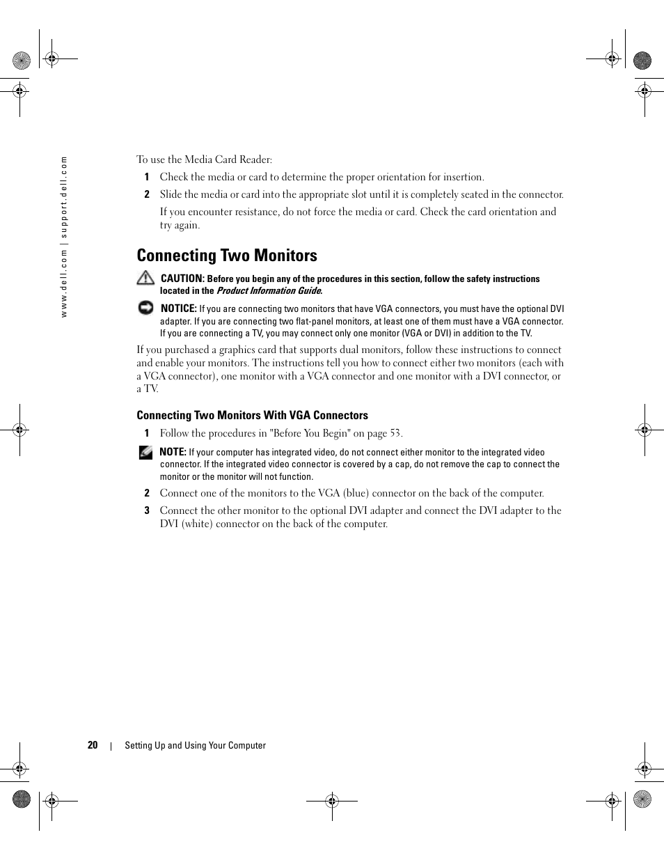 Connecting two monitors, Connecting two monitors with vga connectors | Dell Dimension 5000 User Manual | Page 20 / 140