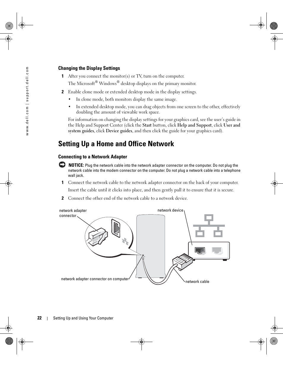 Changing the display settings, Setting up a home and office network, Connecting to a network adapter | Dell Dimension 5000 User Manual | Page 22 / 140