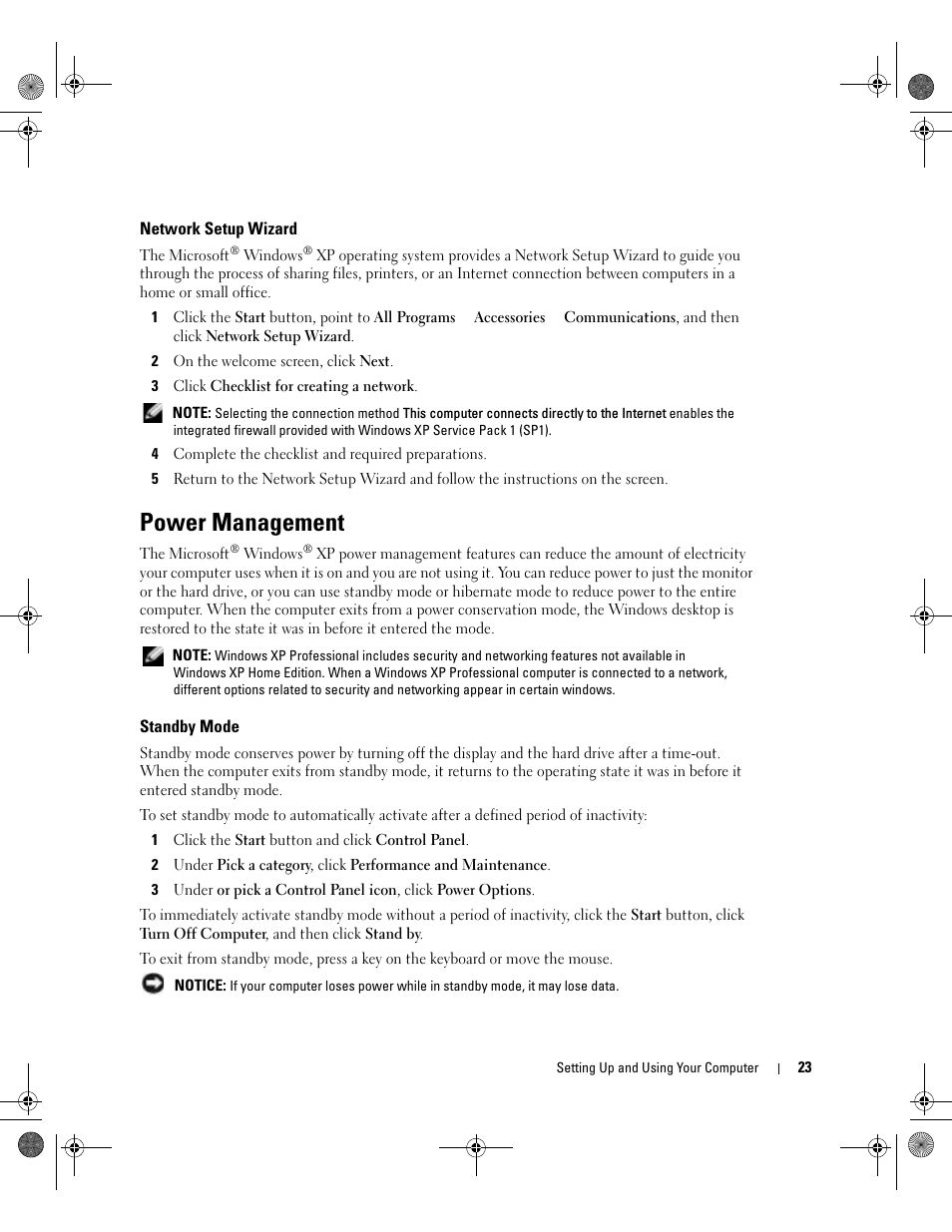 Network setup wizard, Power management, Standby mode | Dell Dimension 5000 User Manual | Page 23 / 140