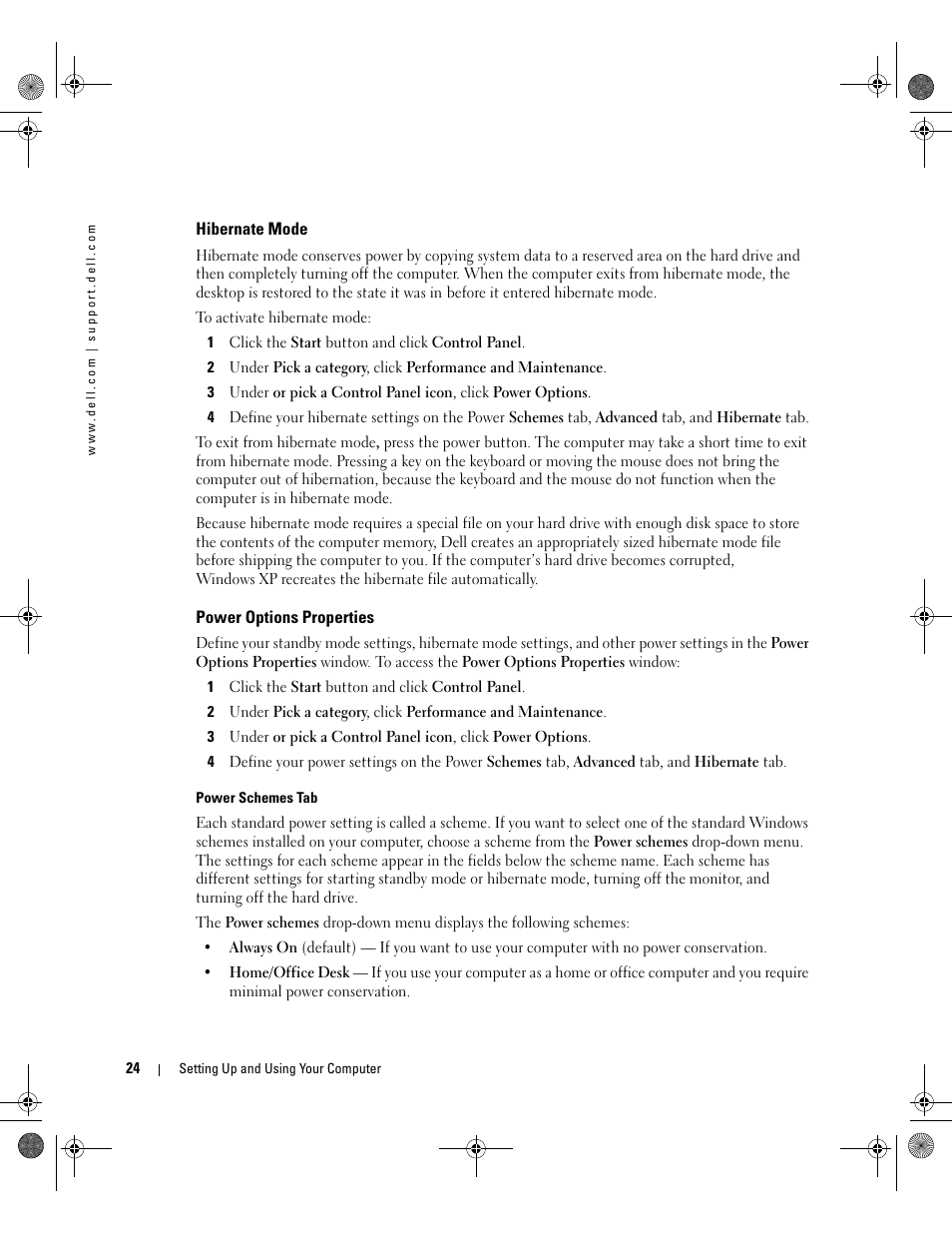 Hibernate mode, Power options properties | Dell Dimension 5000 User Manual | Page 24 / 140