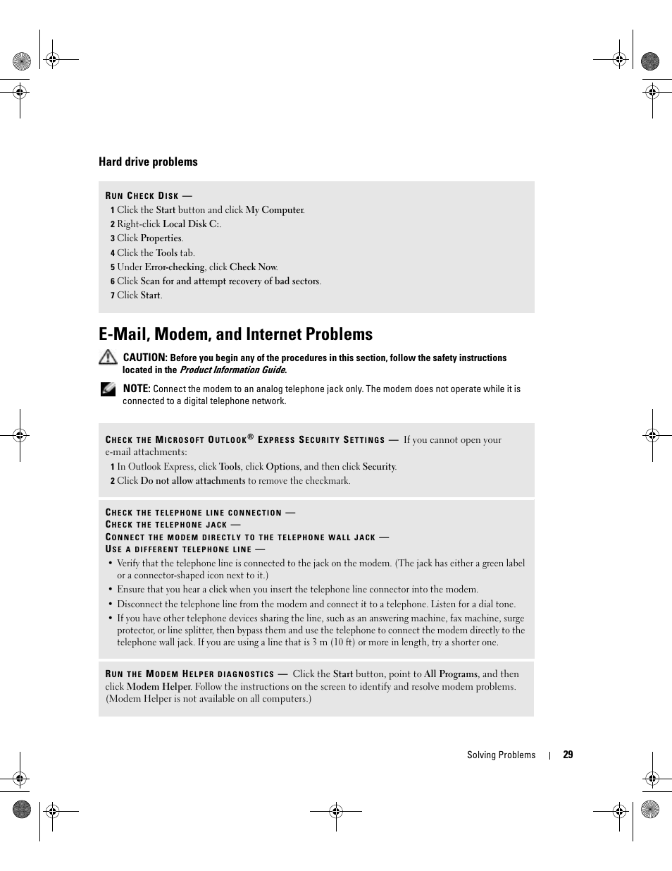 Hard drive problems, E-mail, modem, and internet problems | Dell Dimension 5000 User Manual | Page 29 / 140