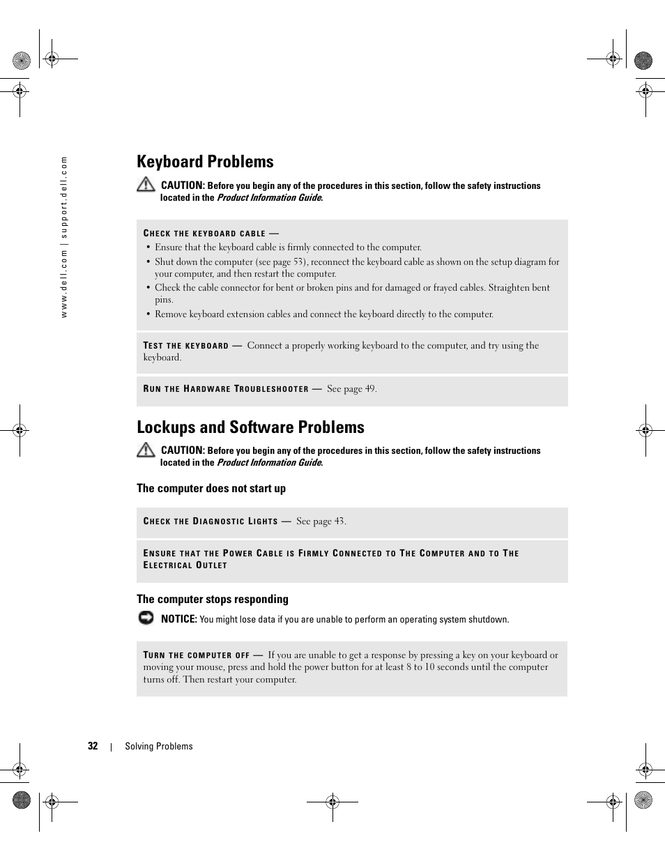 Keyboard problems, Lockups and software problems, The computer does not start up | The computer stops responding, Click the com port for your modem, The modem is operating properly | Dell Dimension 5000 User Manual | Page 32 / 140