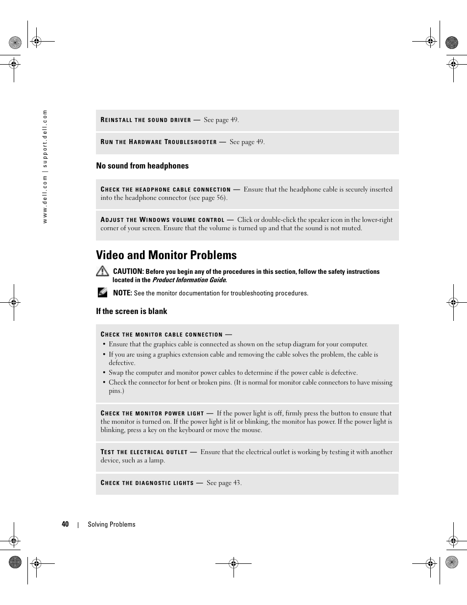 No sound from headphones, Video and monitor problems, If the screen is blank | Dell Dimension 5000 User Manual | Page 40 / 140