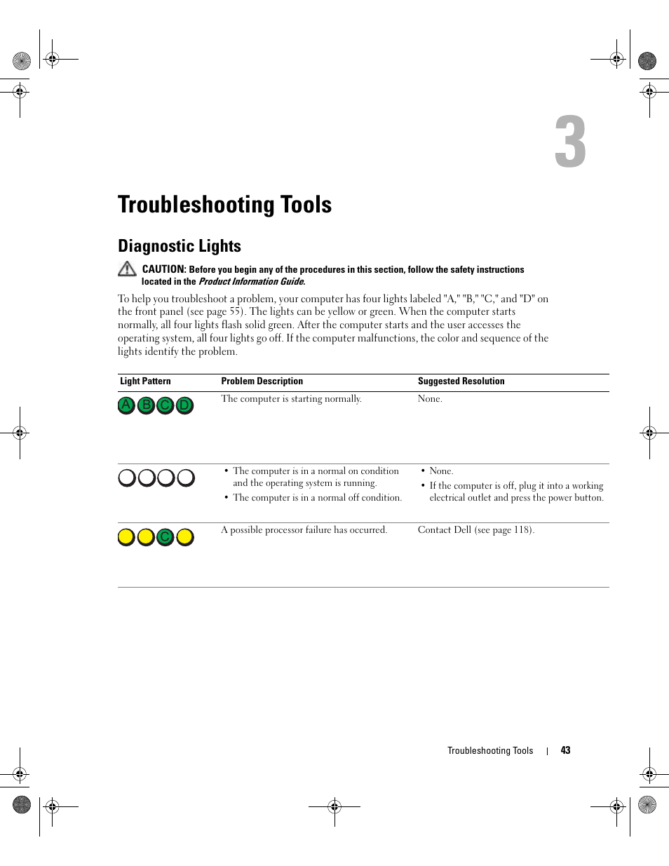 Troubleshooting tools, Diagnostic lights, See "diagnostic lights | Dell Dimension 5000 User Manual | Page 43 / 140