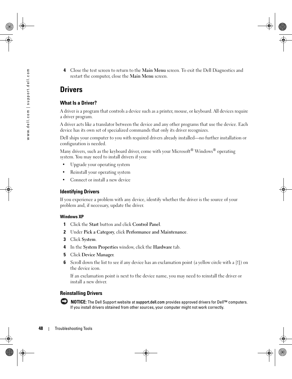 Drivers, What is a driver, Identifying drivers | Reinstalling drivers | Dell Dimension 5000 User Manual | Page 48 / 140